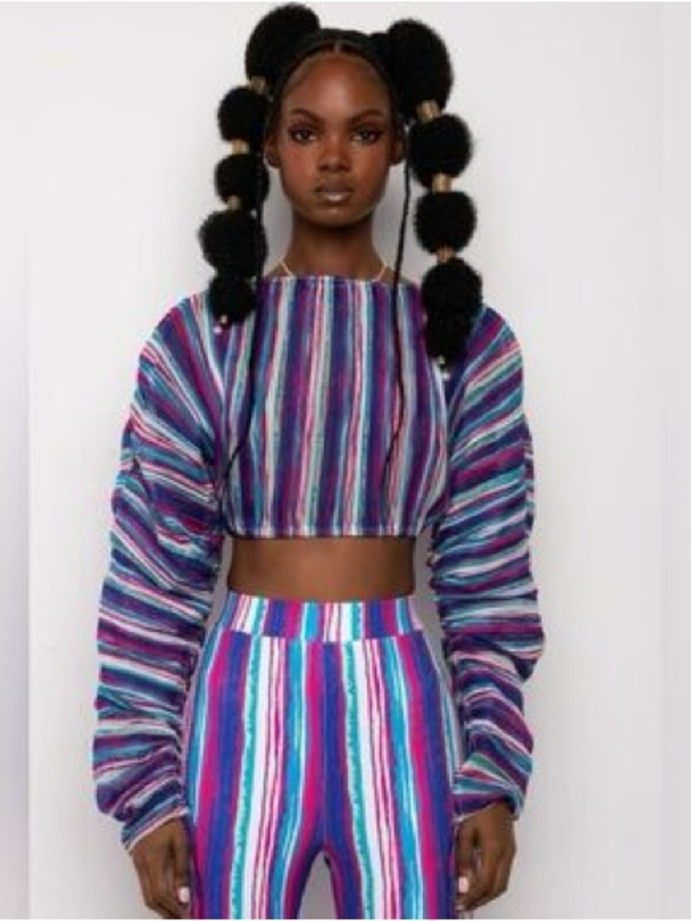 Akira Purple Multicolored Plisse Ruched Long Sleeve Top - Picture 3 of 7